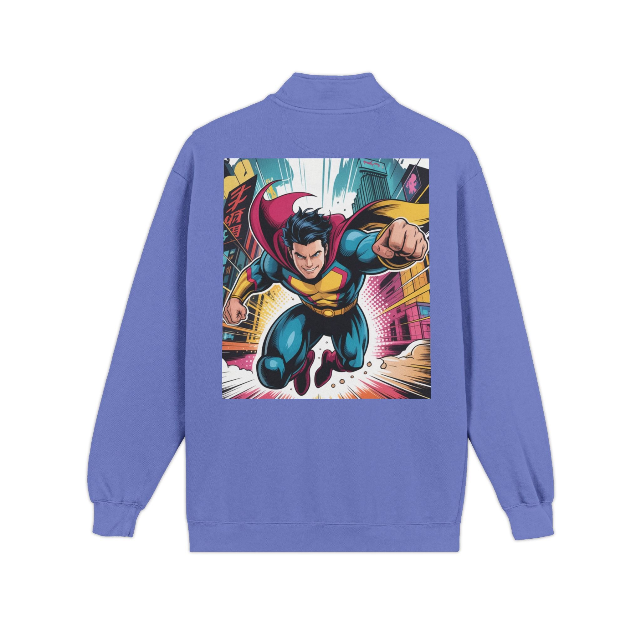 Quarter-Zip Sweatshirt — Retro Superhero Graphic Pullover