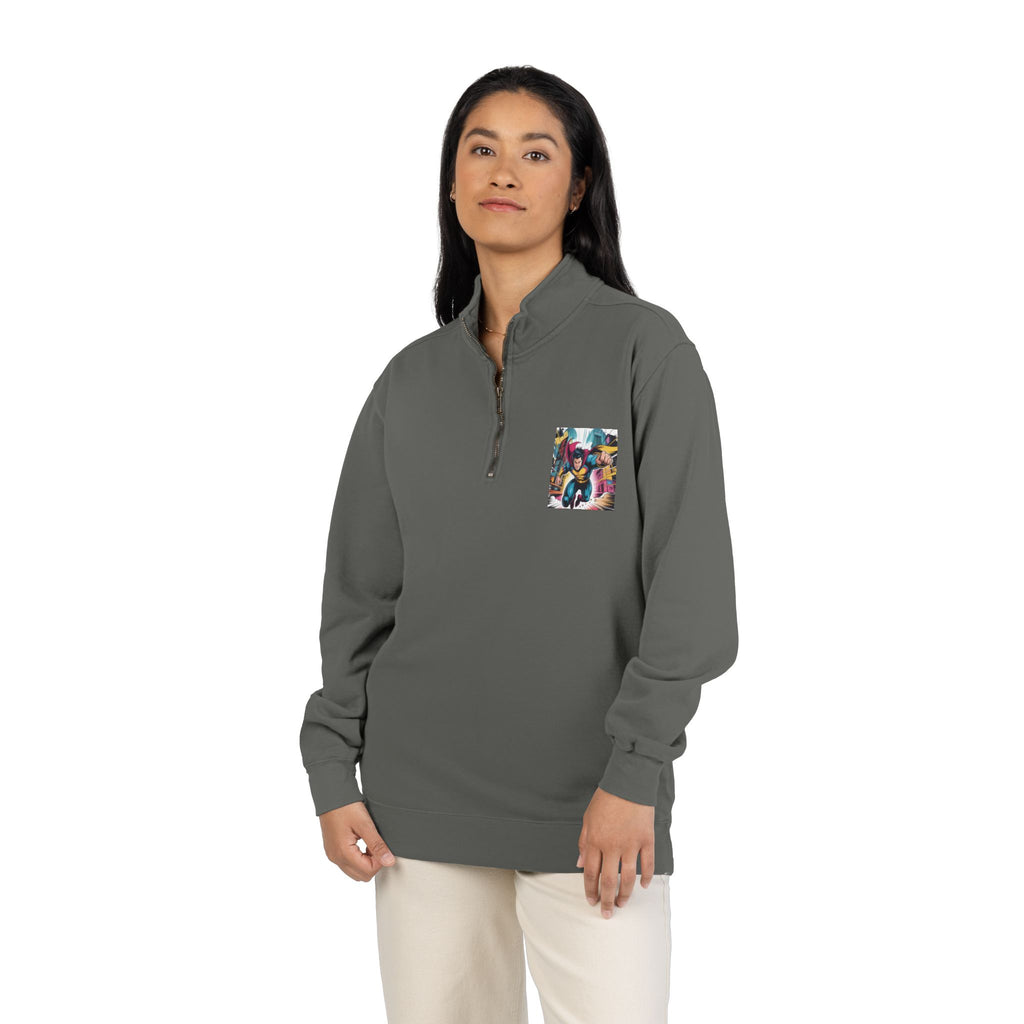 Quarter-Zip Sweatshirt — Retro Superhero Graphic Pullover