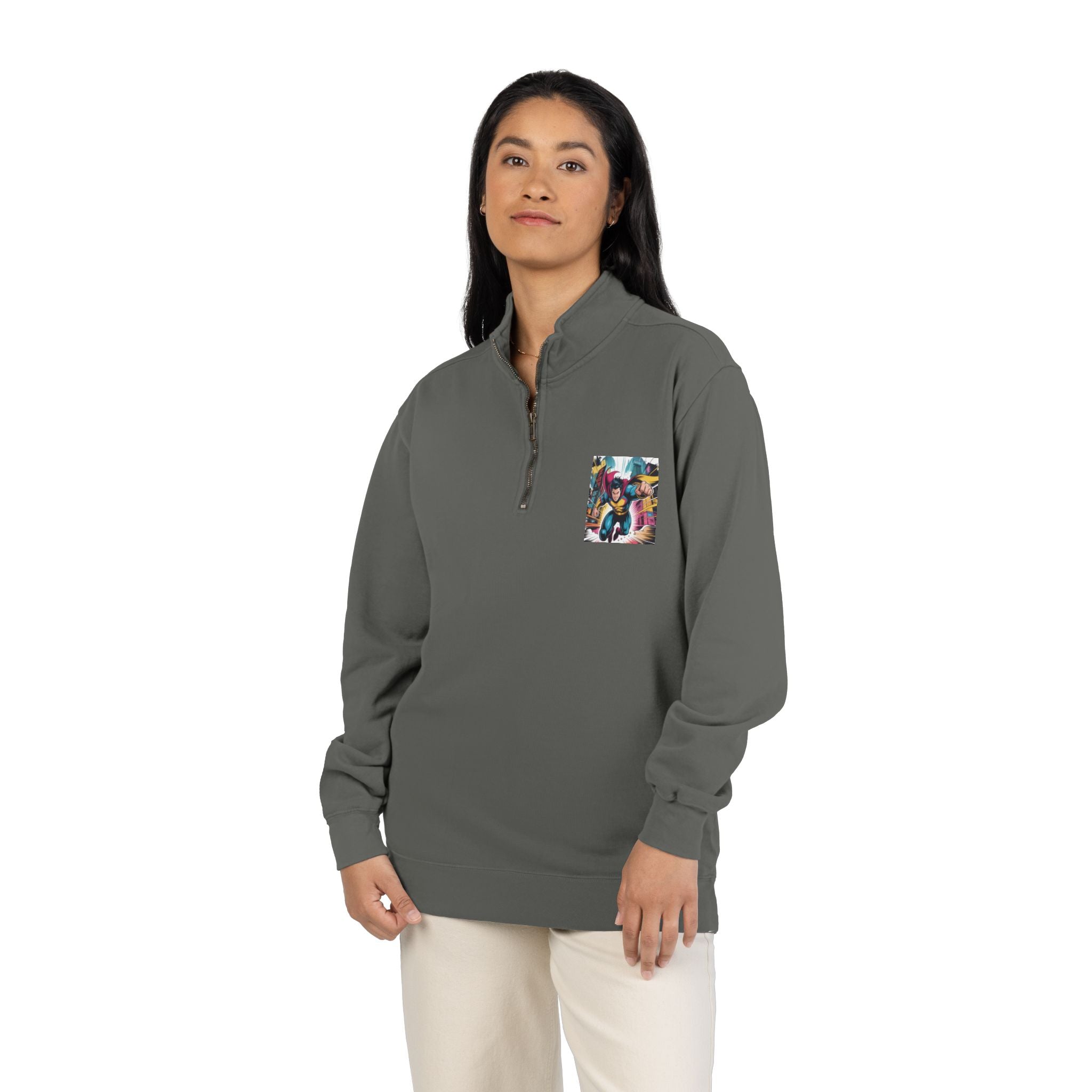 Quarter-Zip Sweatshirt — Retro Superhero Graphic Pullover