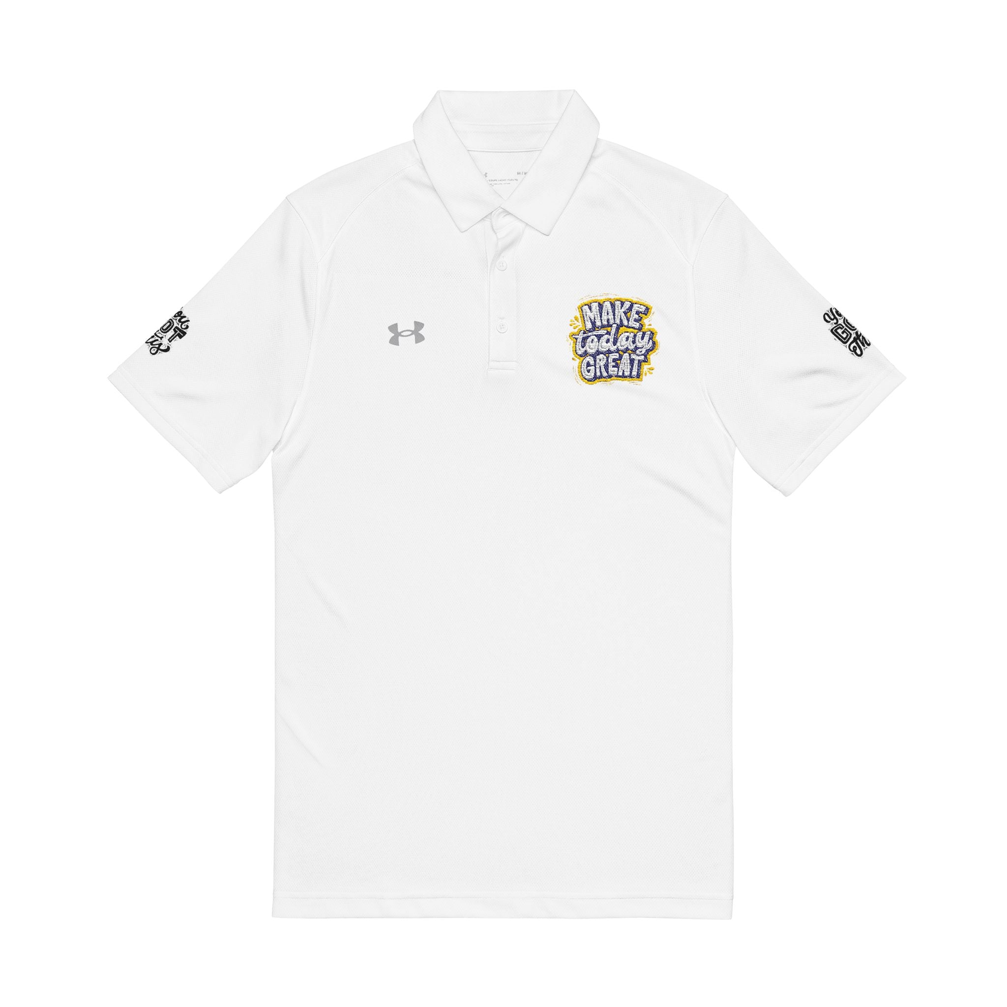 Embroidered Men's Performance Polo — White with Graphic Chest & Sleeve Logos
