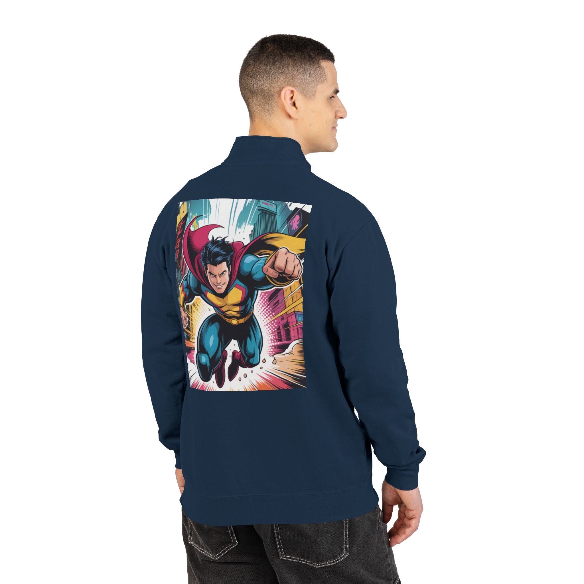 Quarter-Zip Sweatshirt — Retro Superhero Graphic Pullover