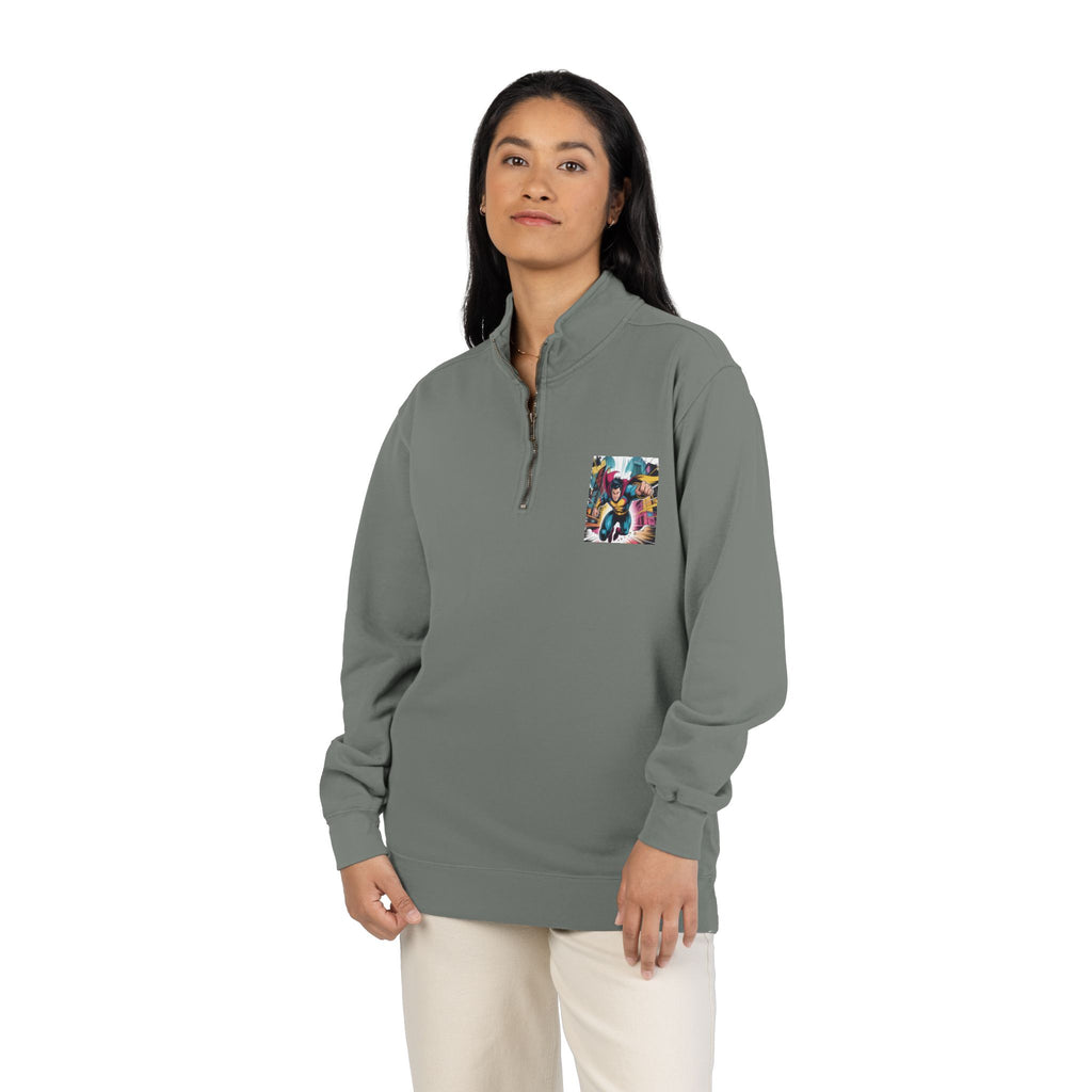 Quarter-Zip Sweatshirt — Retro Superhero Graphic Pullover
