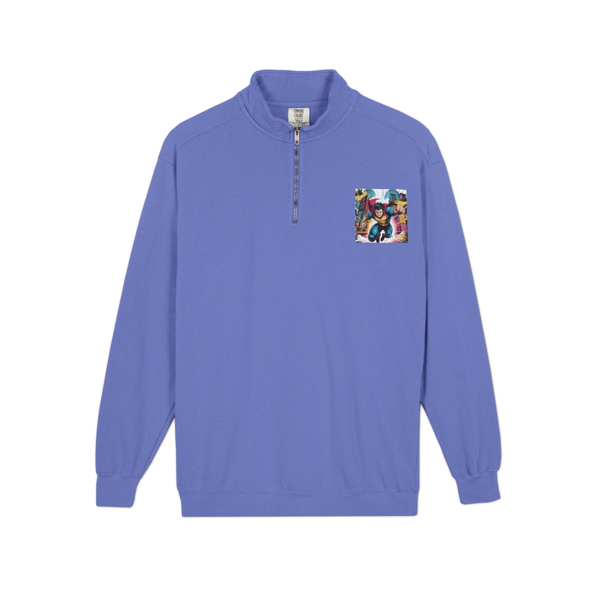Quarter-Zip Sweatshirt — Retro Superhero Graphic Pullover