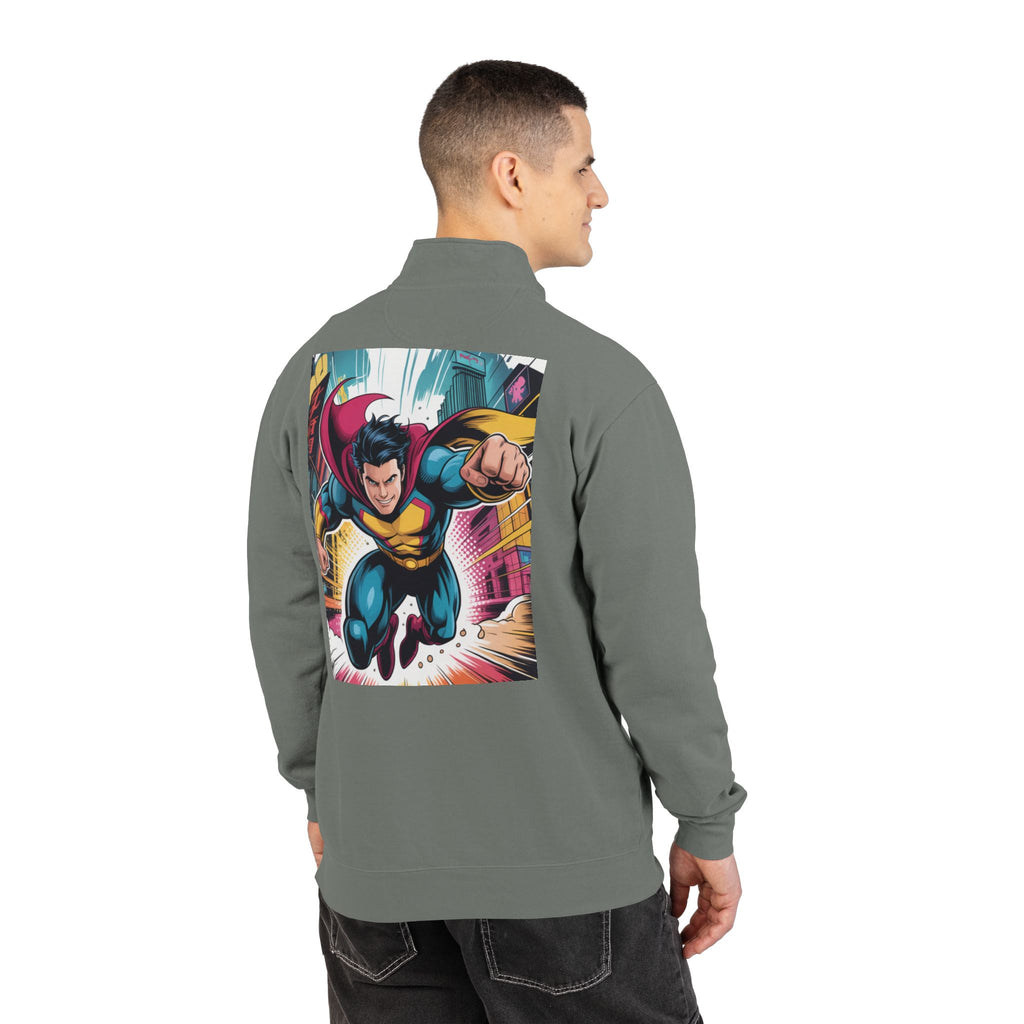 Quarter-Zip Sweatshirt — Retro Superhero Graphic Pullover