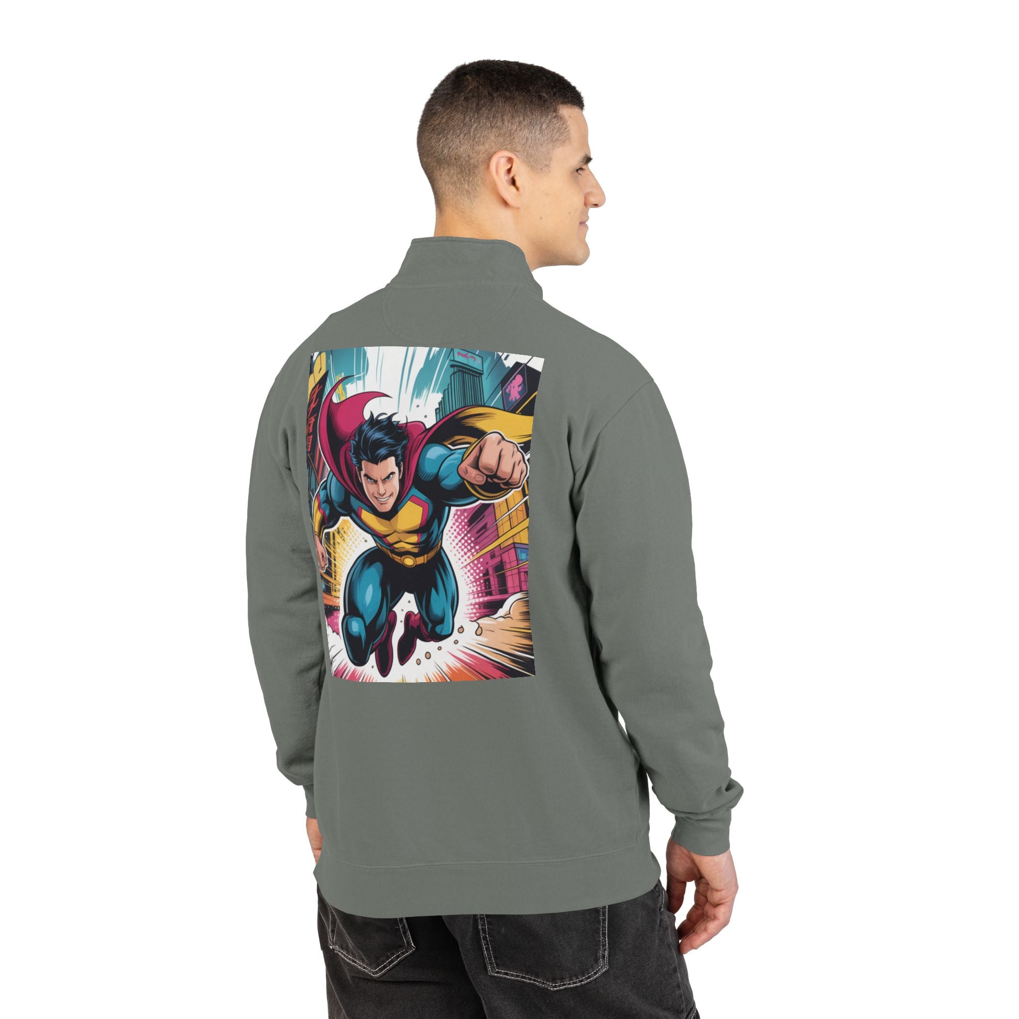 Quarter-Zip Sweatshirt — Retro Superhero Graphic Pullover