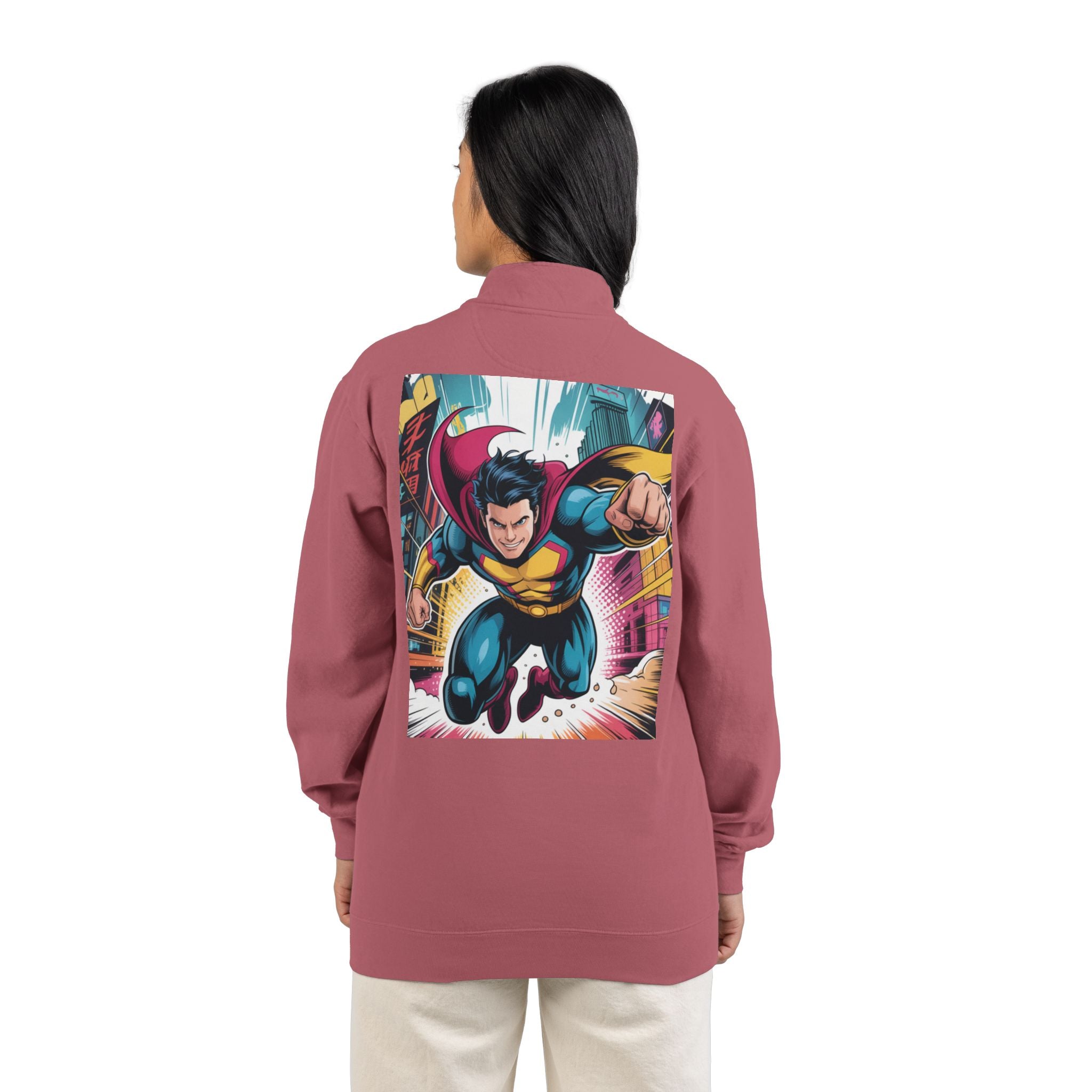 Quarter-Zip Sweatshirt — Retro Superhero Graphic Pullover