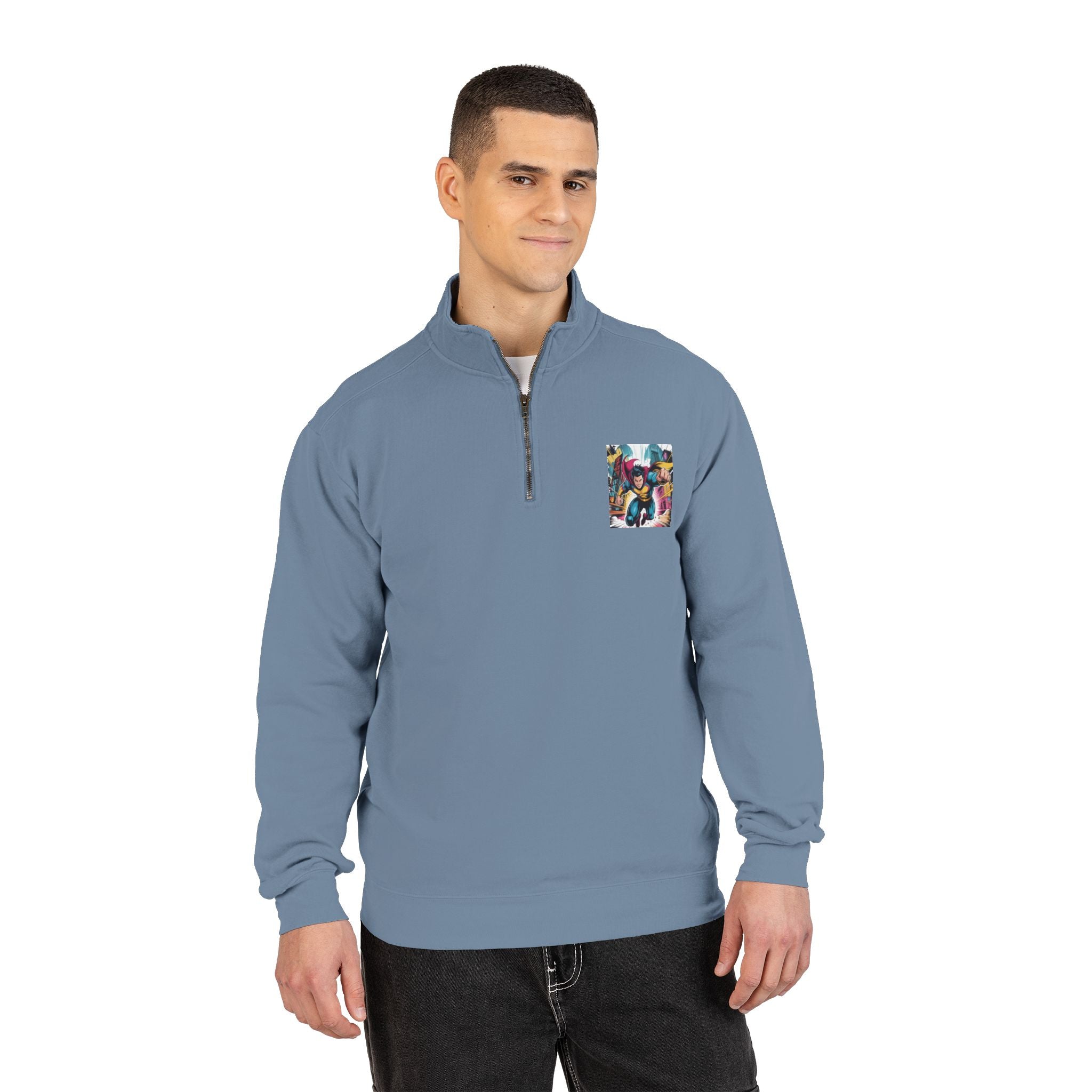 Quarter-Zip Sweatshirt — Retro Superhero Graphic Pullover