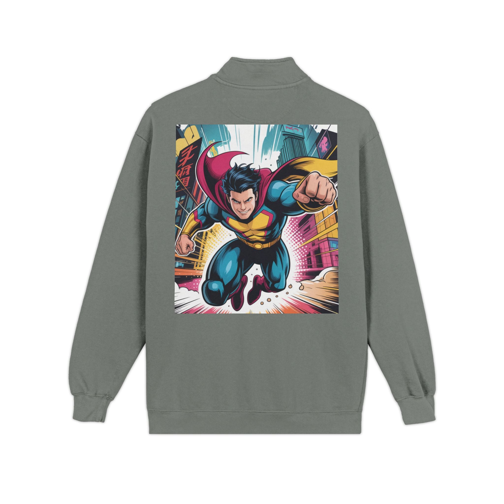 Quarter-Zip Sweatshirt — Retro Superhero Graphic Pullover
