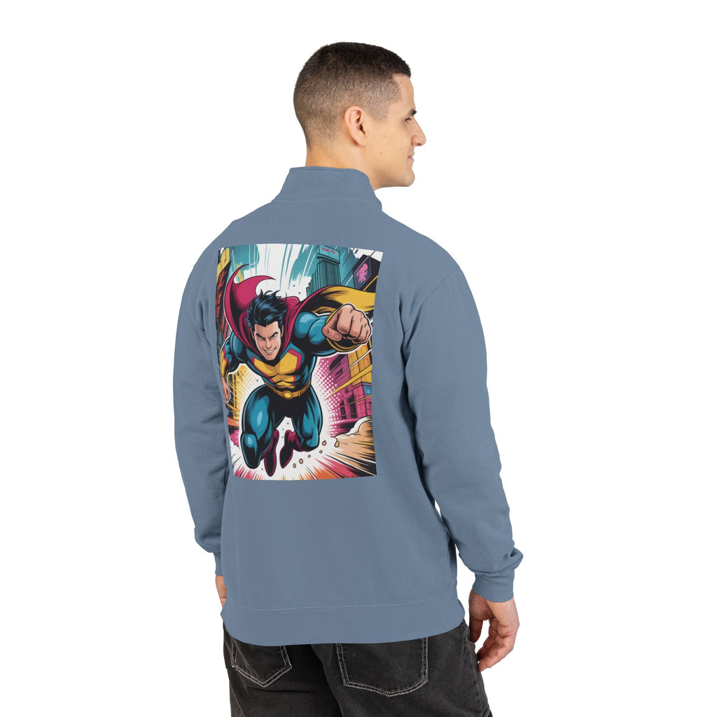 Quarter-Zip Sweatshirt — Retro Superhero Graphic Pullover