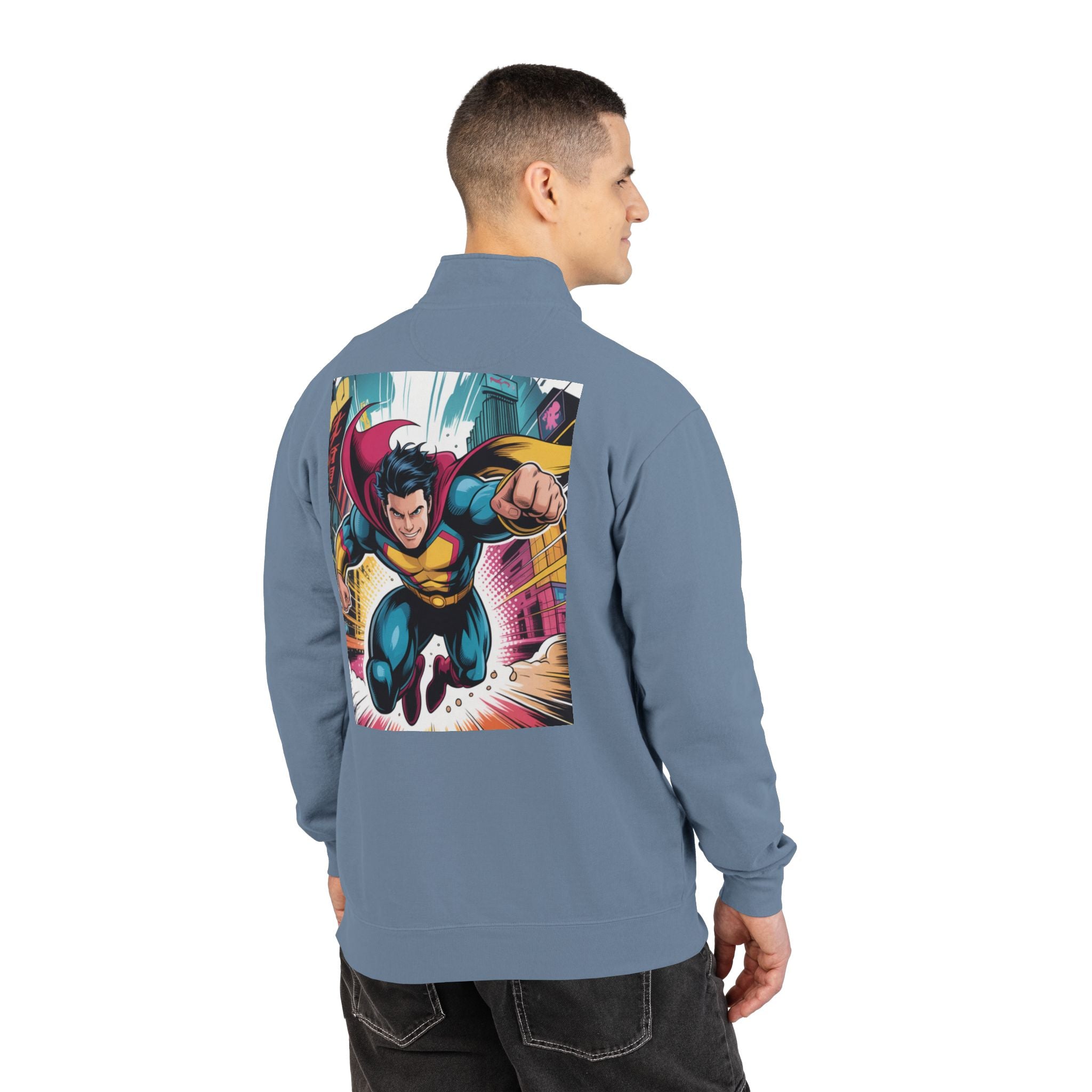Quarter-Zip Sweatshirt — Retro Superhero Graphic Pullover