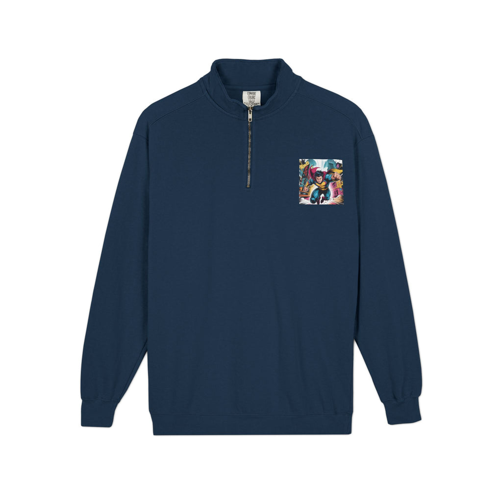 Quarter-Zip Sweatshirt — Retro Superhero Graphic Pullover