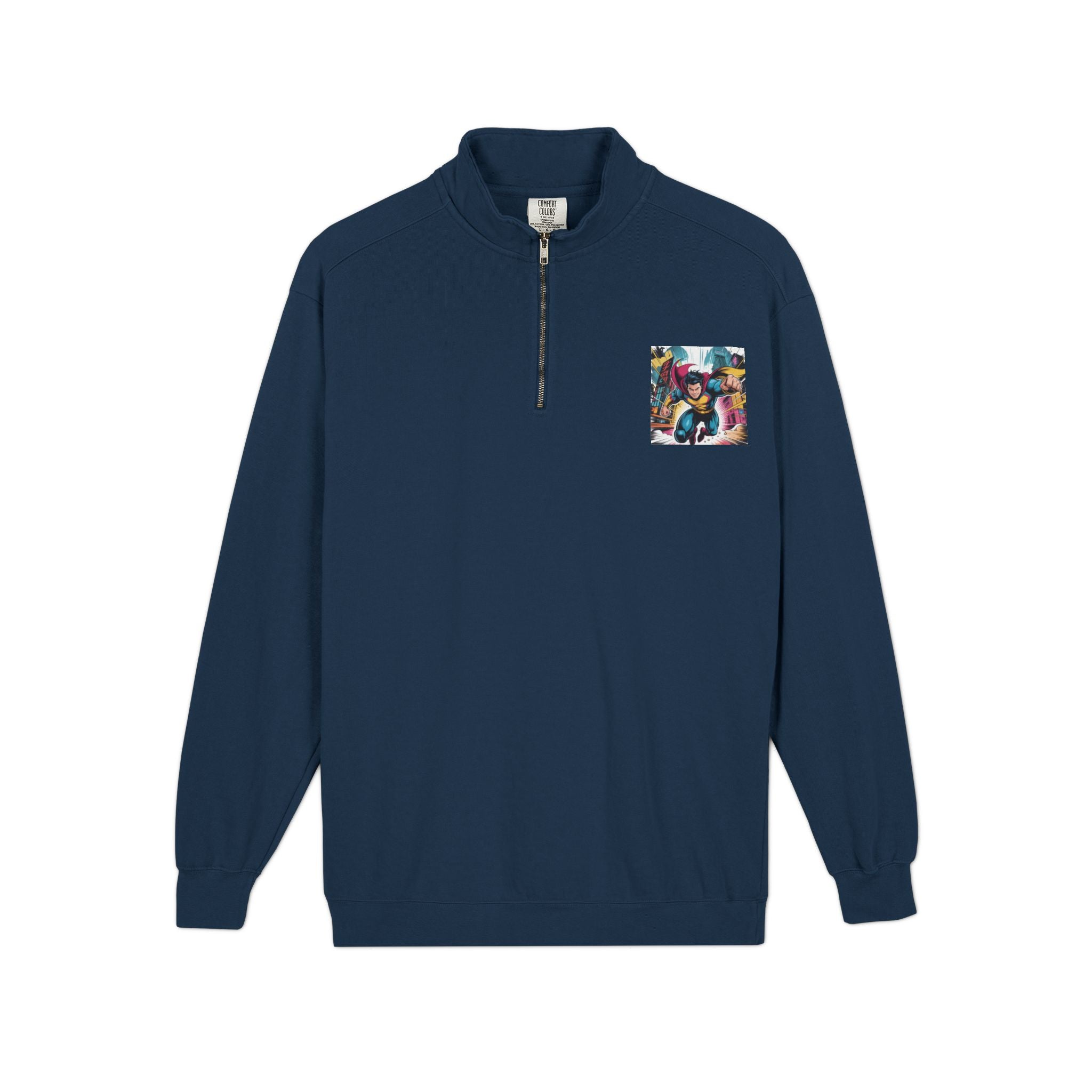 Quarter-Zip Sweatshirt — Retro Superhero Graphic Pullover