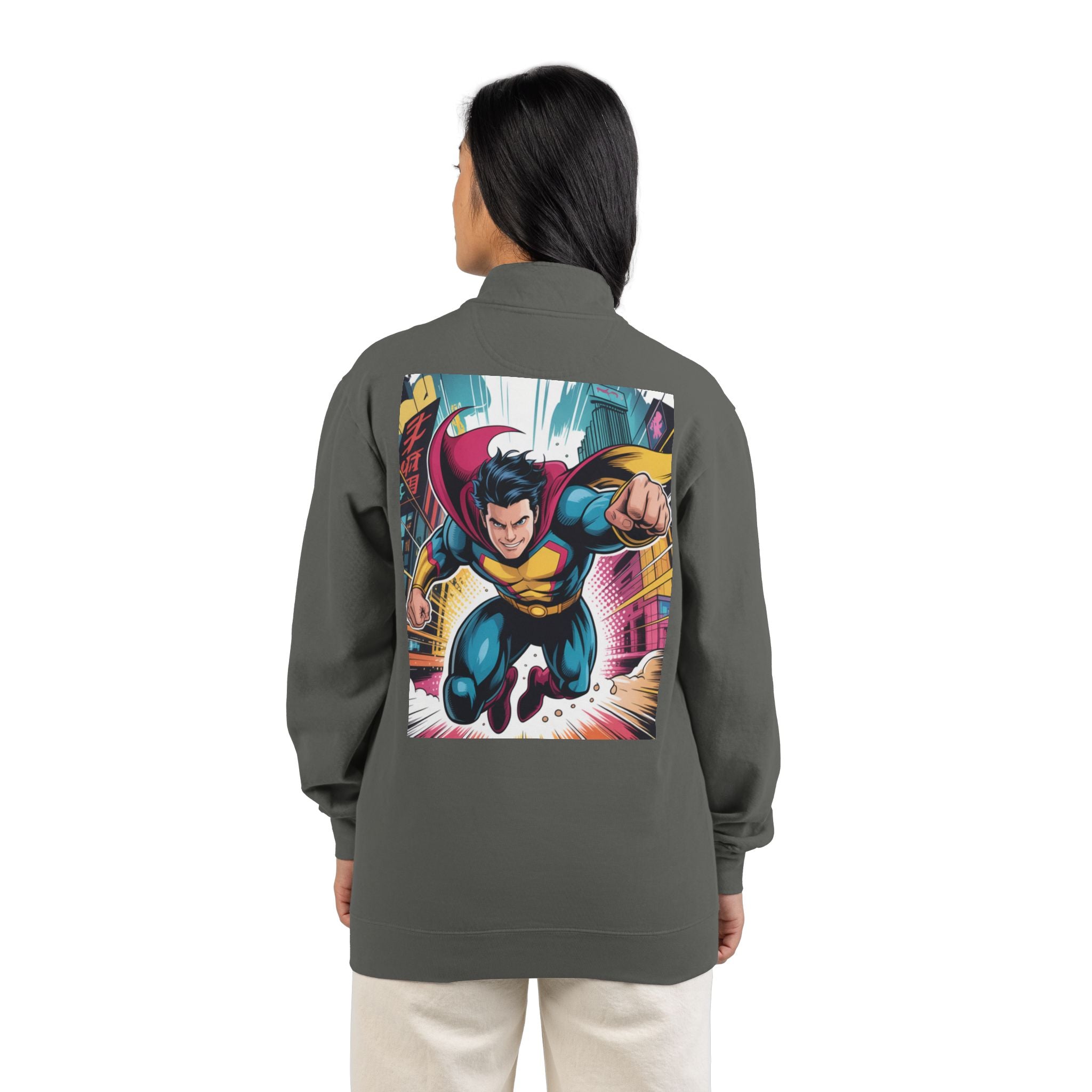 Quarter-Zip Sweatshirt — Retro Superhero Graphic Pullover