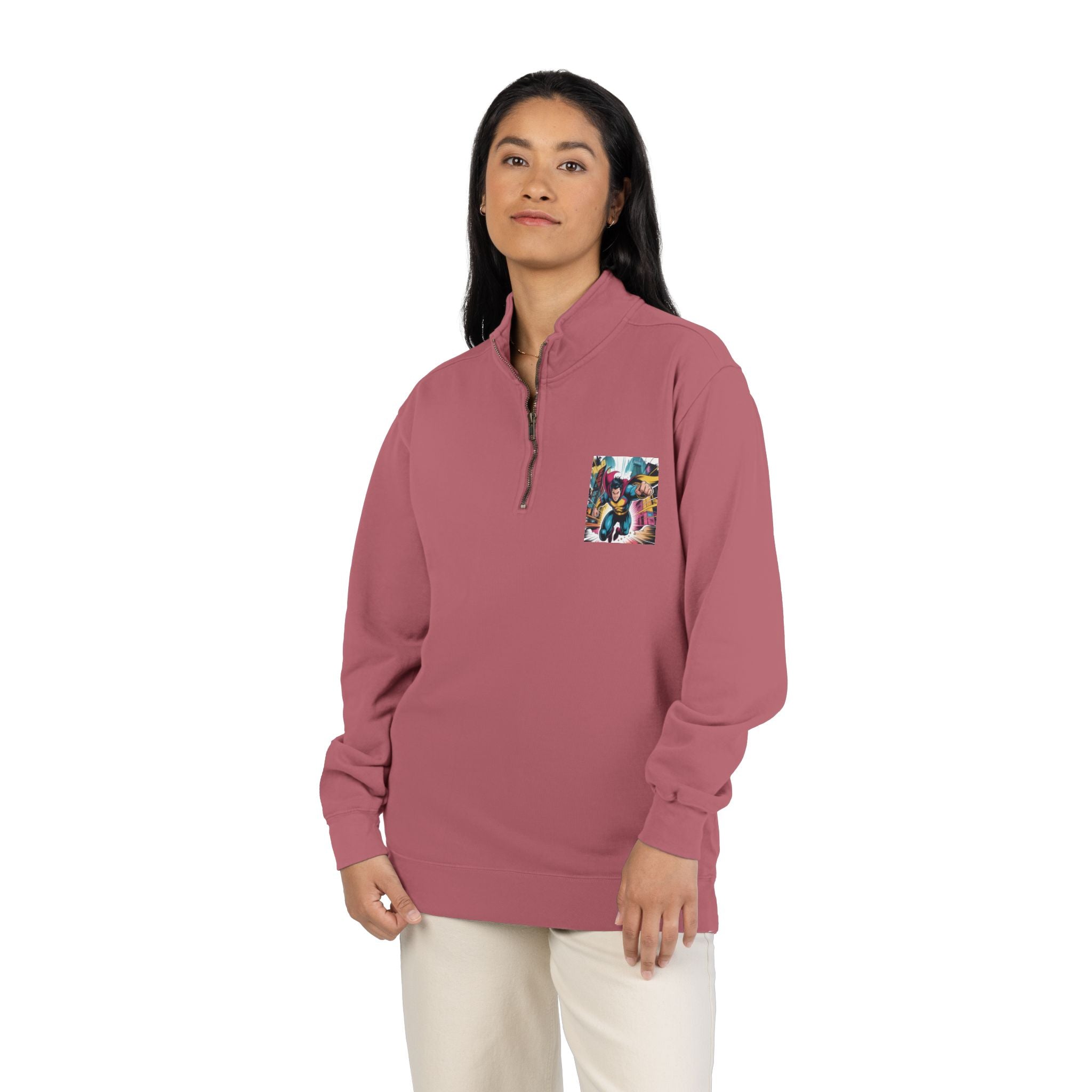 Quarter-Zip Sweatshirt — Retro Superhero Graphic Pullover