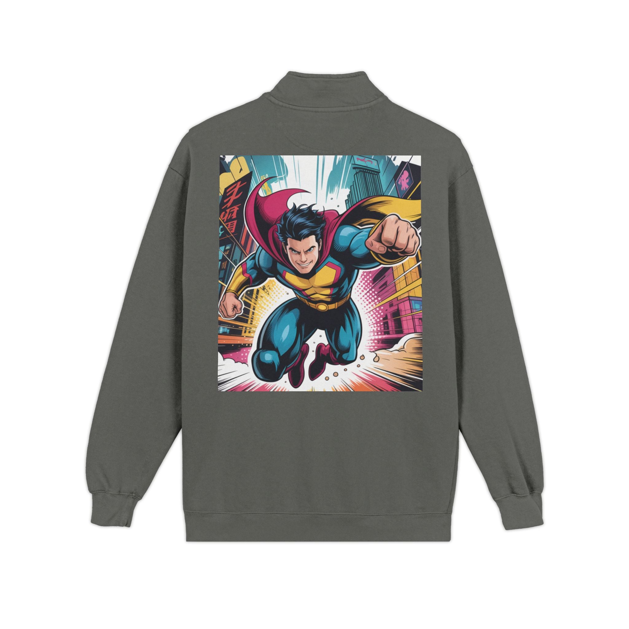 Quarter-Zip Sweatshirt — Retro Superhero Graphic Pullover