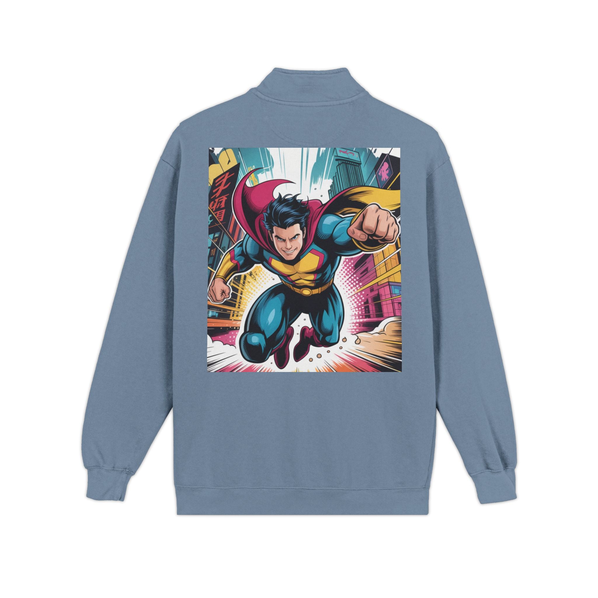 Quarter-Zip Sweatshirt — Retro Superhero Graphic Pullover