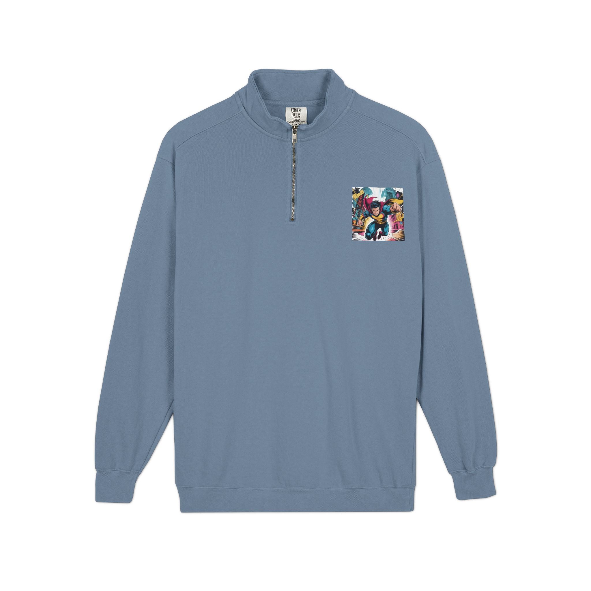 Quarter-Zip Sweatshirt — Retro Superhero Graphic Pullover
