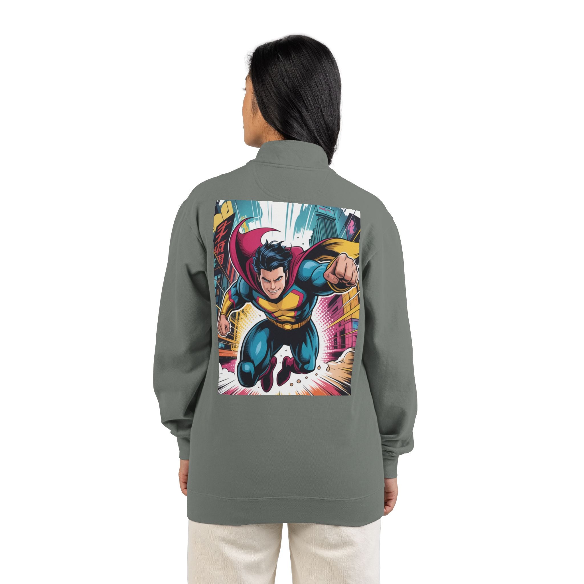 Quarter-Zip Sweatshirt — Retro Superhero Graphic Pullover