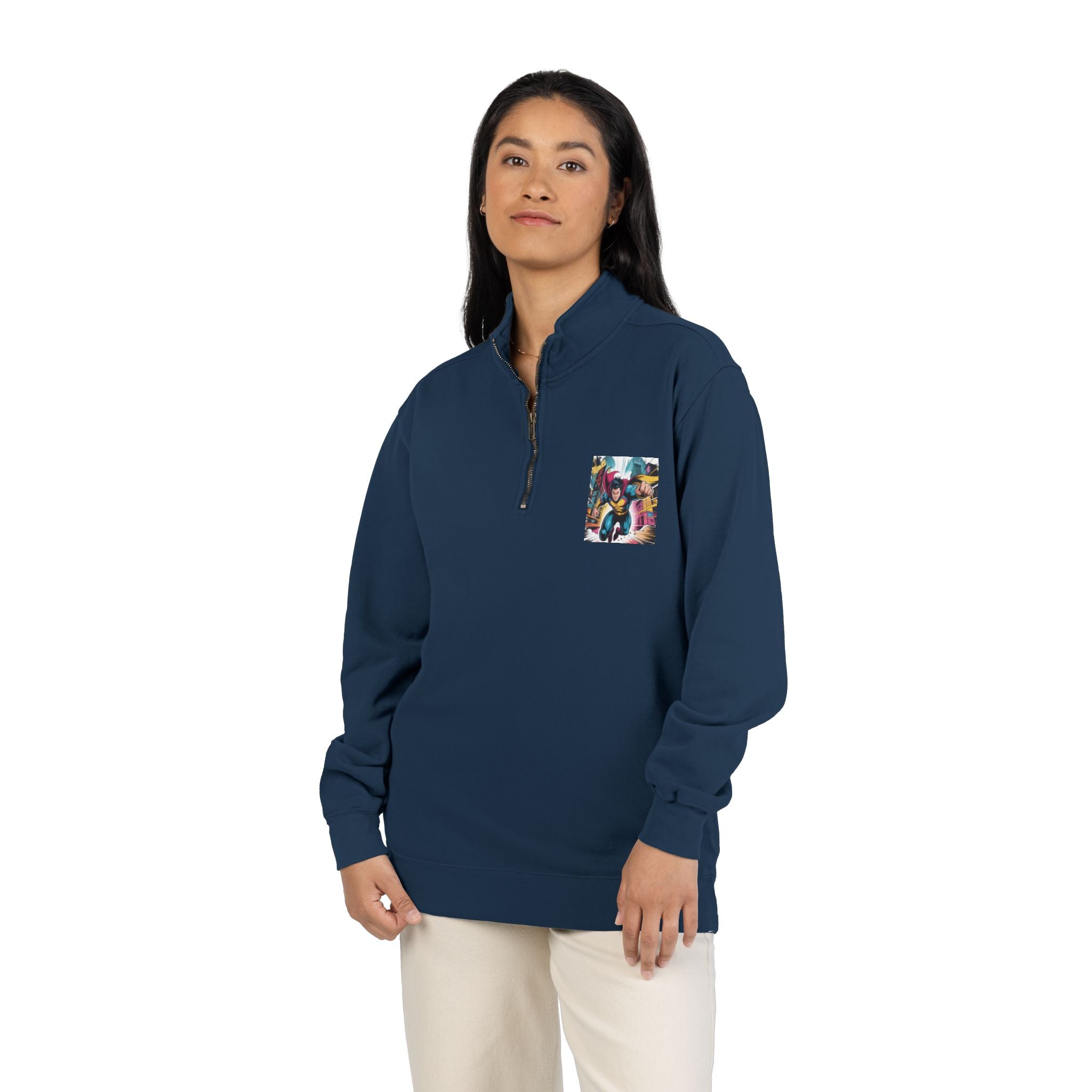 Quarter-Zip Sweatshirt — Retro Superhero Graphic Pullover
