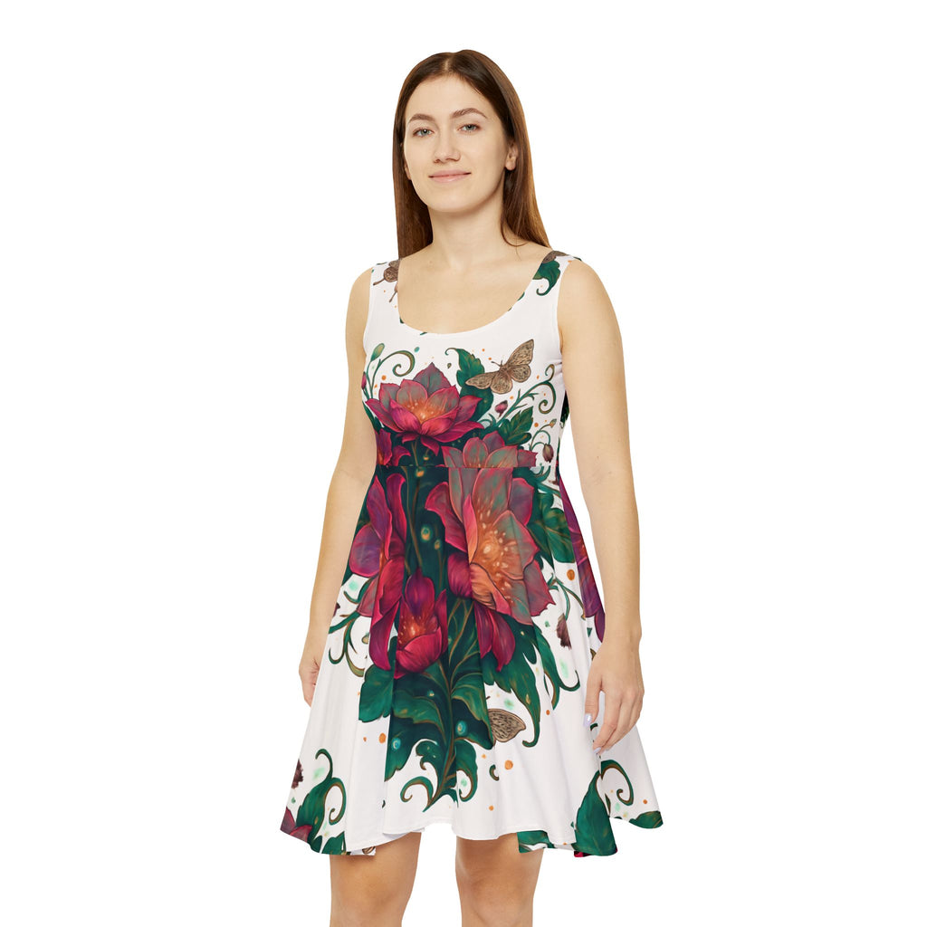 Floral Lotus Skater Dress — Bold Pink & Green Botanical Print