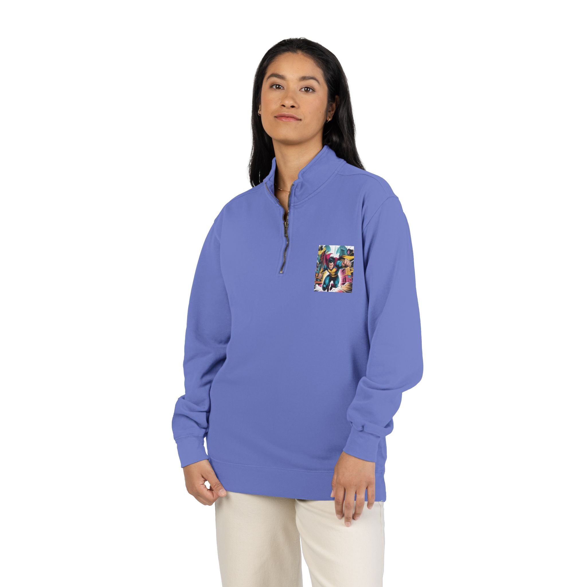 Quarter-Zip Sweatshirt — Retro Superhero Graphic Pullover