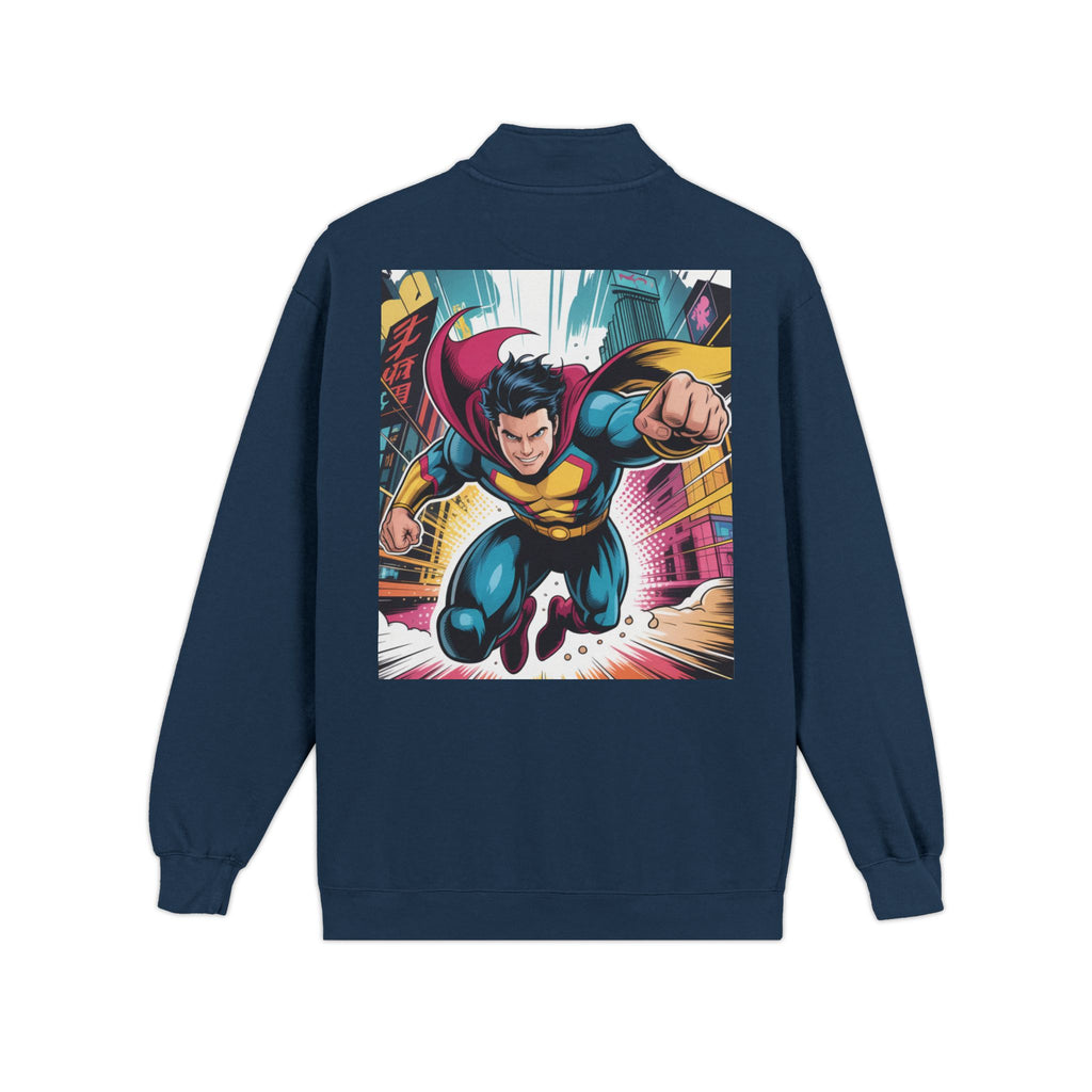 Quarter-Zip Sweatshirt — Retro Superhero Graphic Pullover