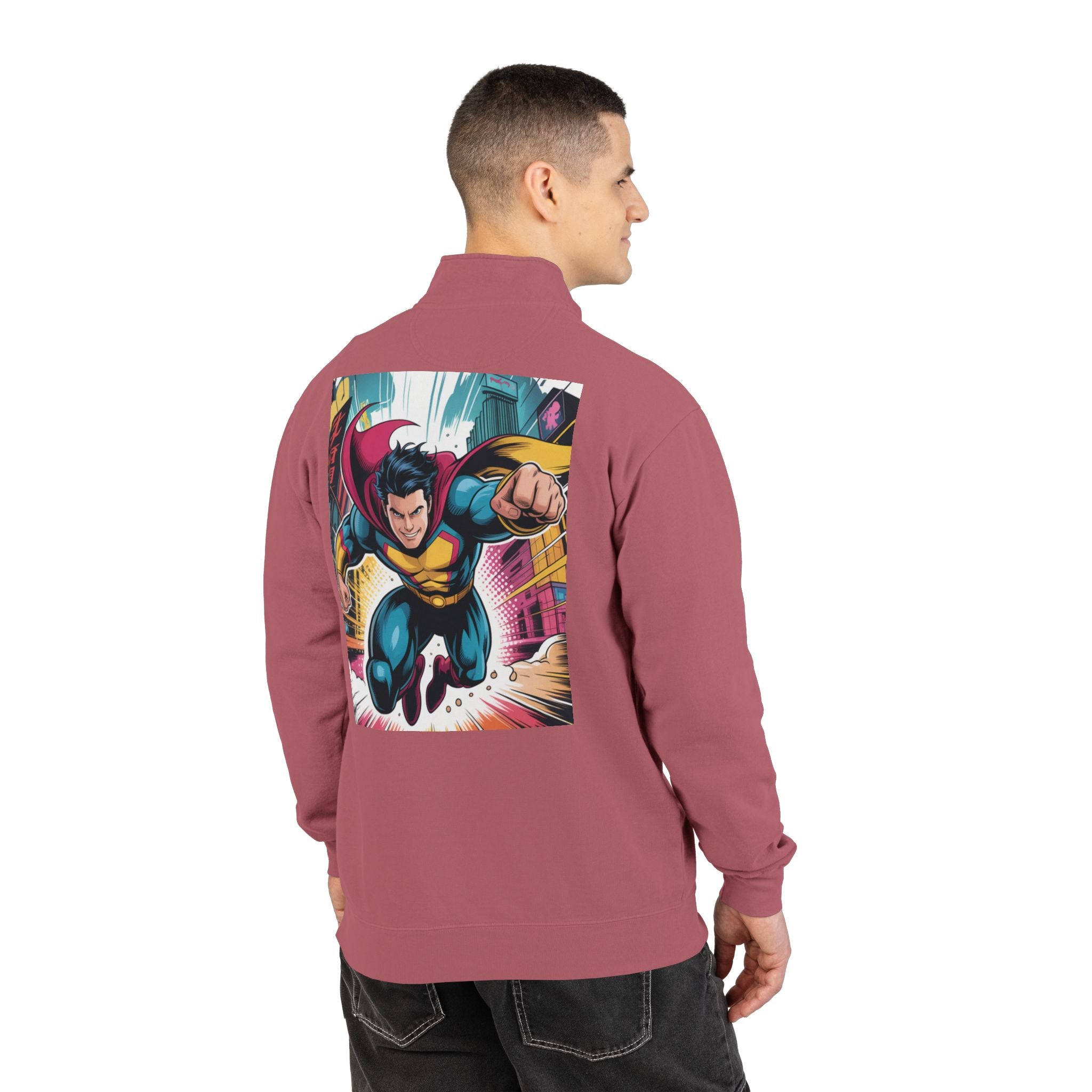 Quarter-Zip Sweatshirt — Retro Superhero Graphic Pullover