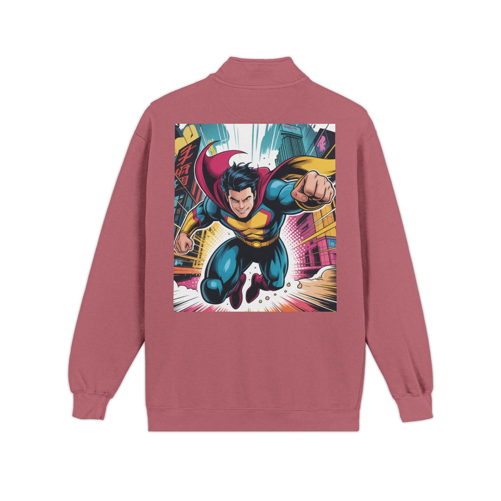 Quarter-Zip Sweatshirt — Retro Superhero Graphic Pullover
