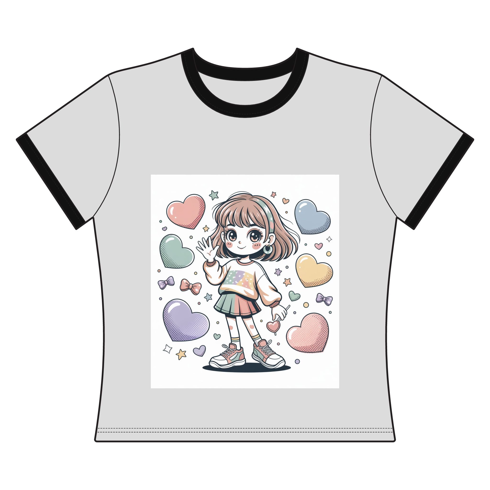 Cute Pastel Anime Girl Ringer Tee — Heart & Candy Kawaii Graphic