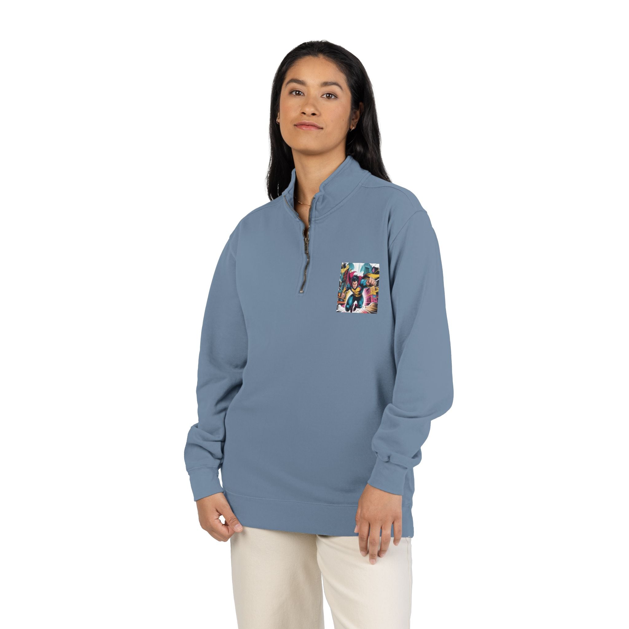 Quarter-Zip Sweatshirt — Retro Superhero Graphic Pullover