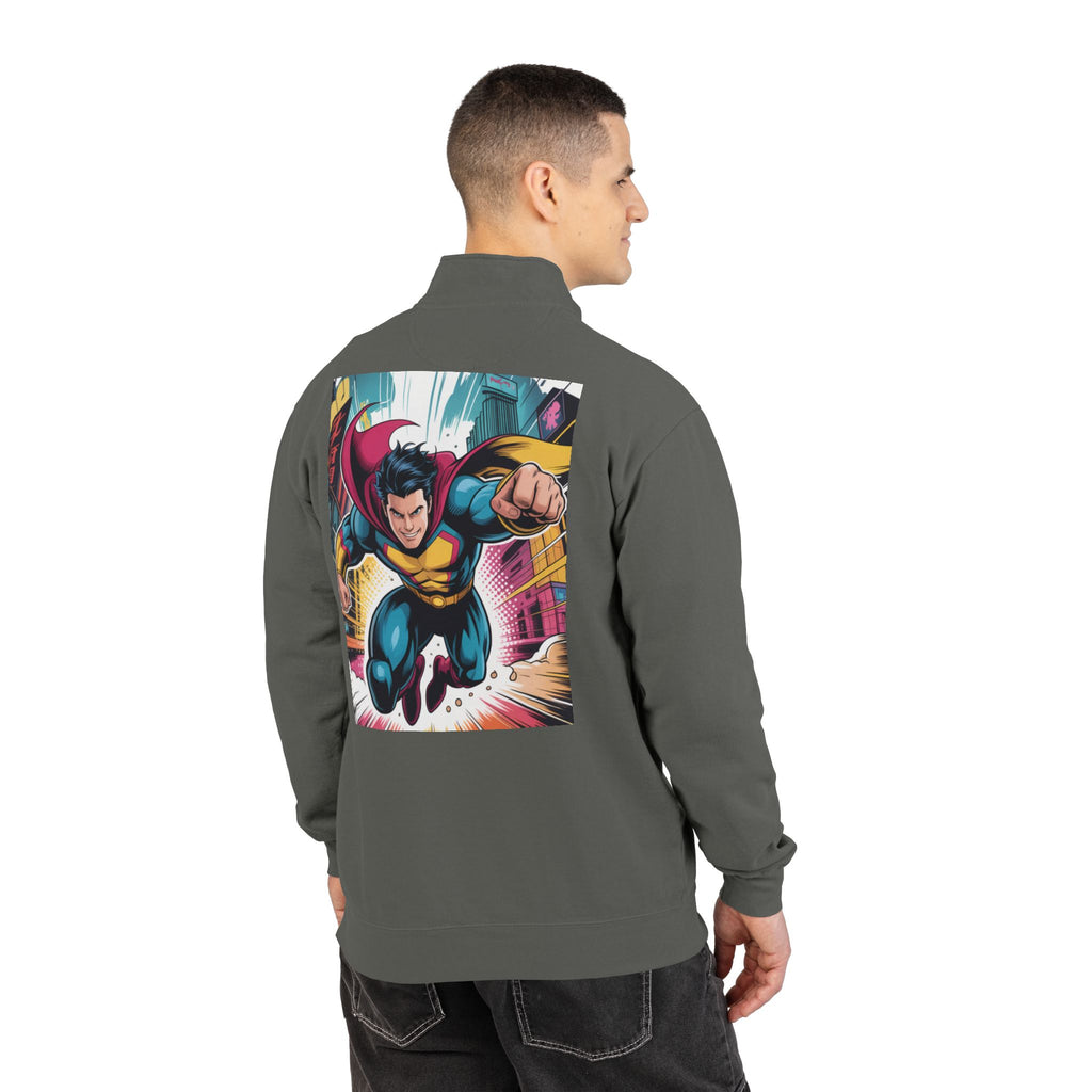 Quarter-Zip Sweatshirt — Retro Superhero Graphic Pullover