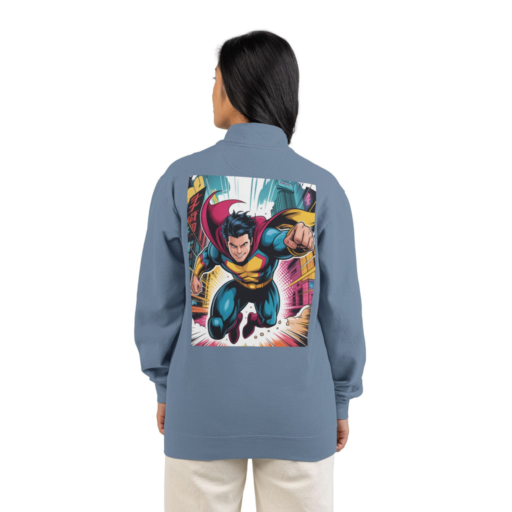 Quarter-Zip Sweatshirt — Retro Superhero Graphic Pullover