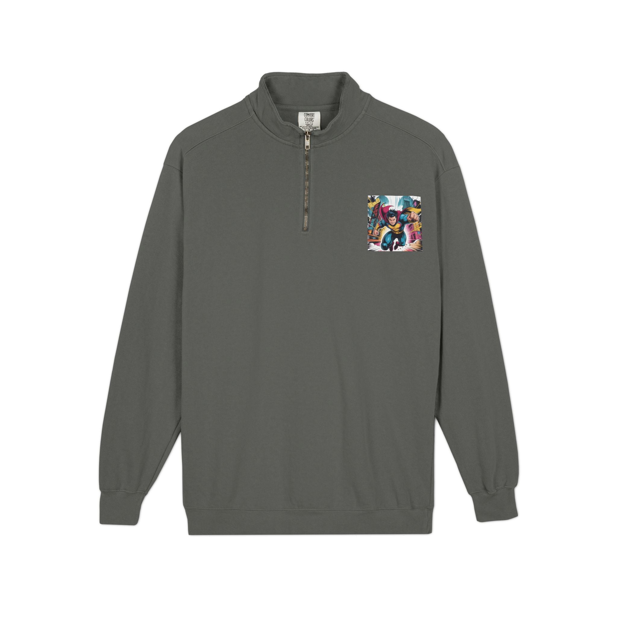 Quarter-Zip Sweatshirt — Retro Superhero Graphic Pullover