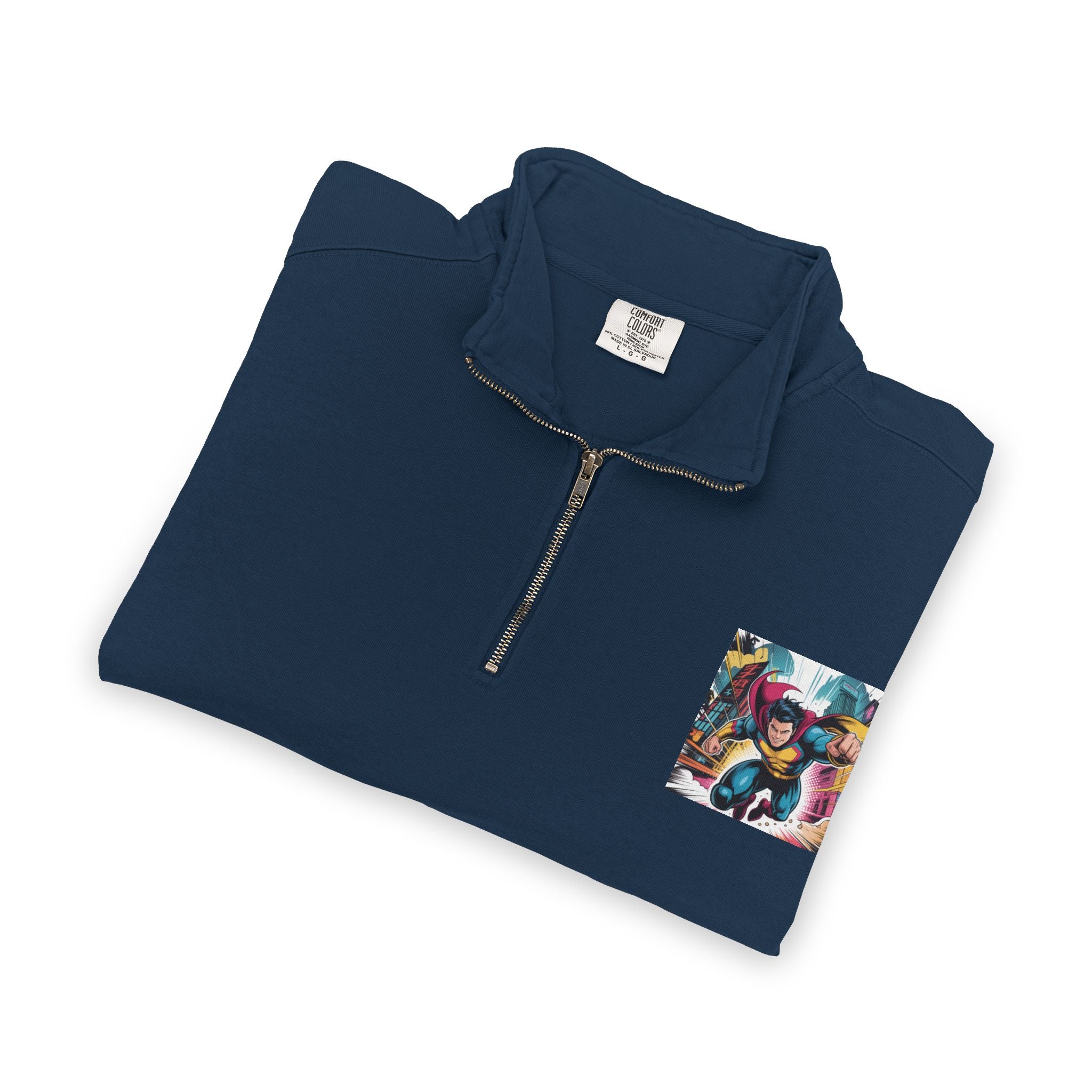 Quarter-Zip Sweatshirt — Retro Superhero Graphic Pullover