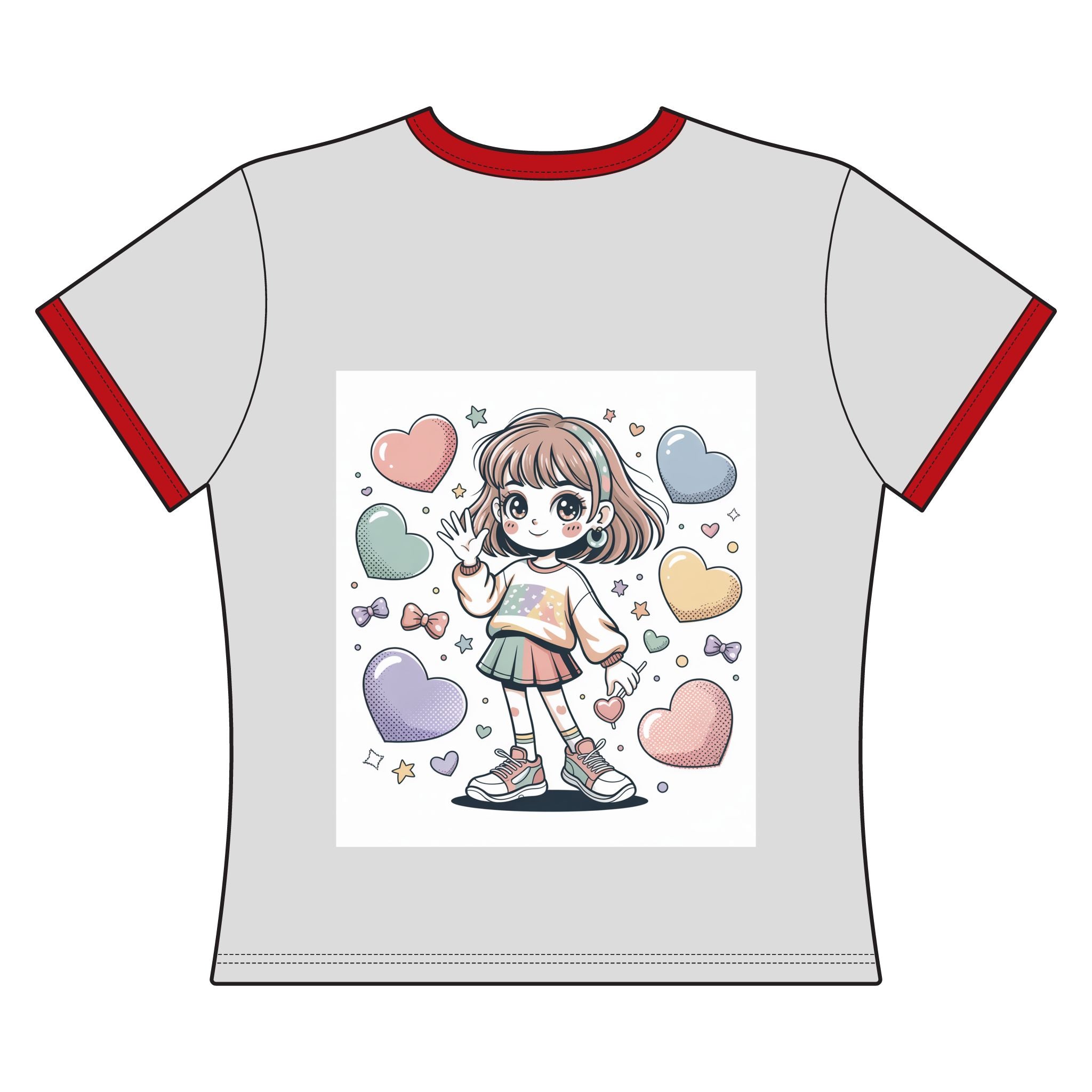 Cute Pastel Anime Girl Ringer Tee — Heart & Candy Kawaii Graphic