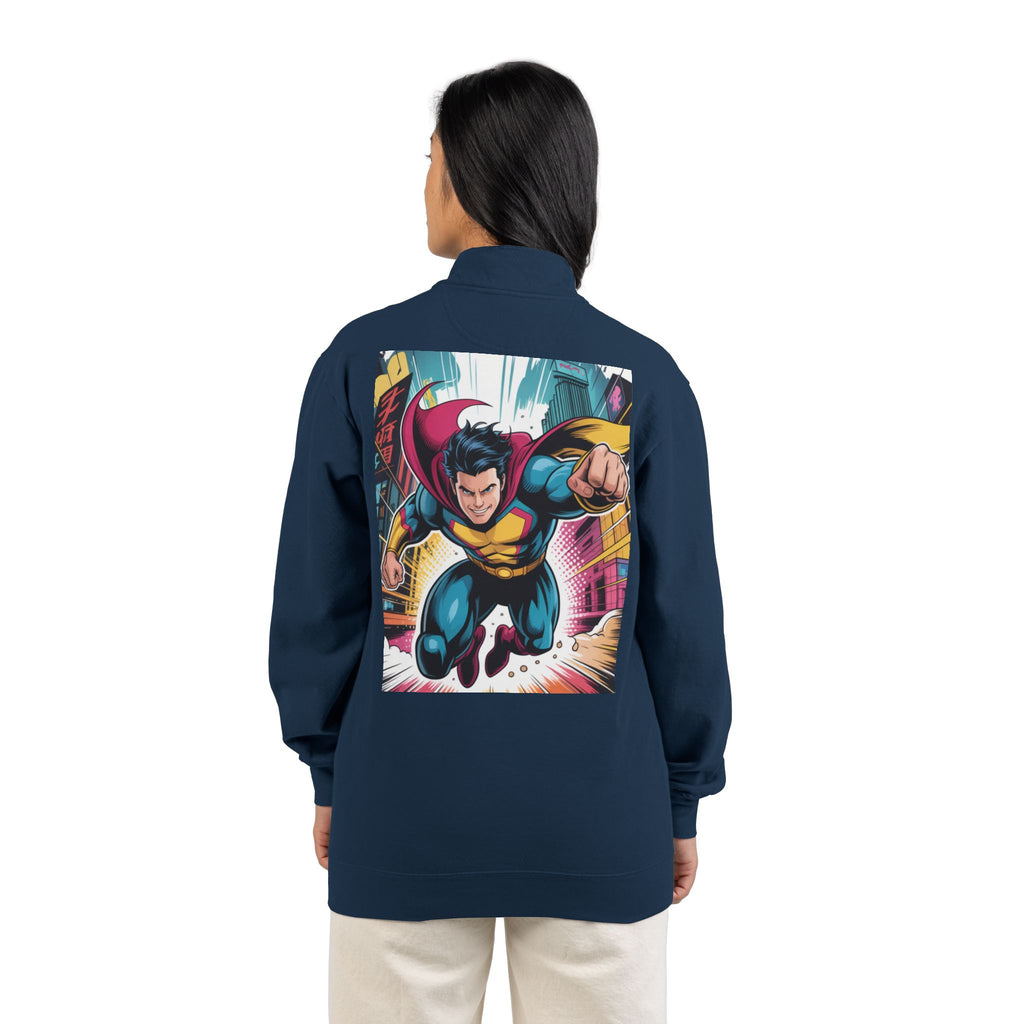 Quarter-Zip Sweatshirt — Retro Superhero Graphic Pullover